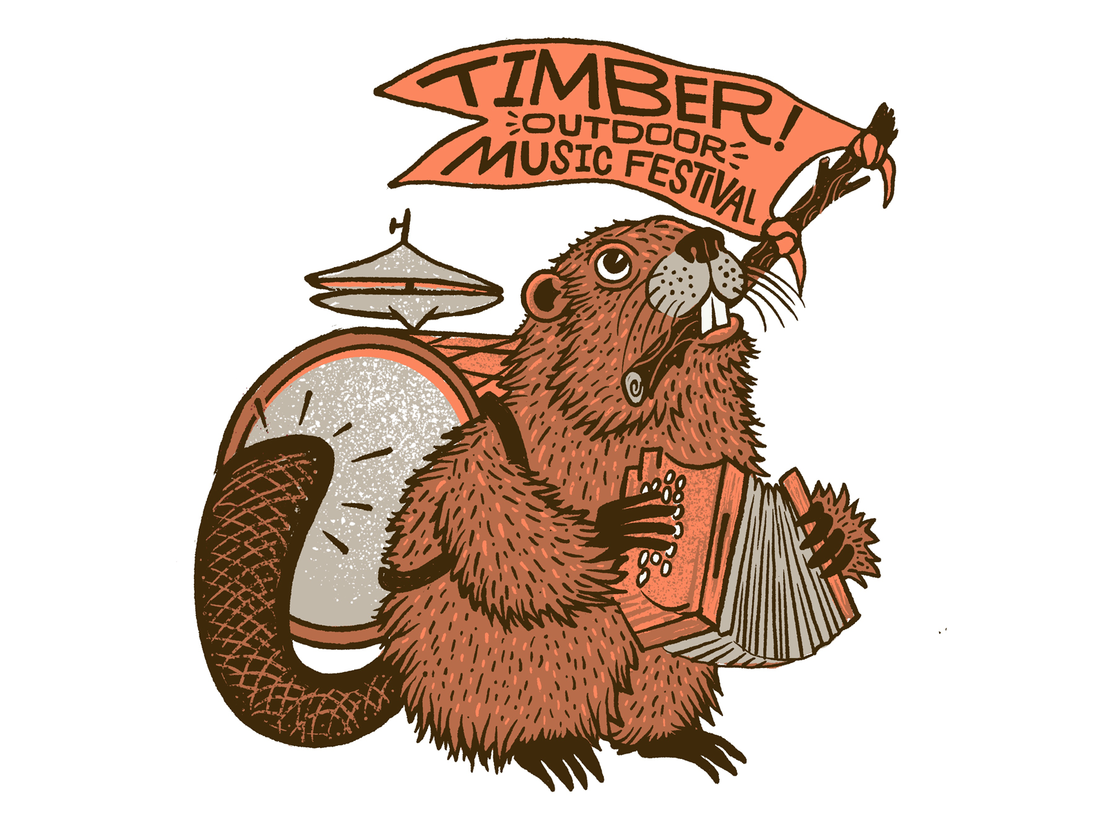 TimBeaver accordian bass drum beaver beaver band cartoon character character design flag graphic design illustration merch merchandise music festival one man band pacific northwest procreate raster retro summer camp texture