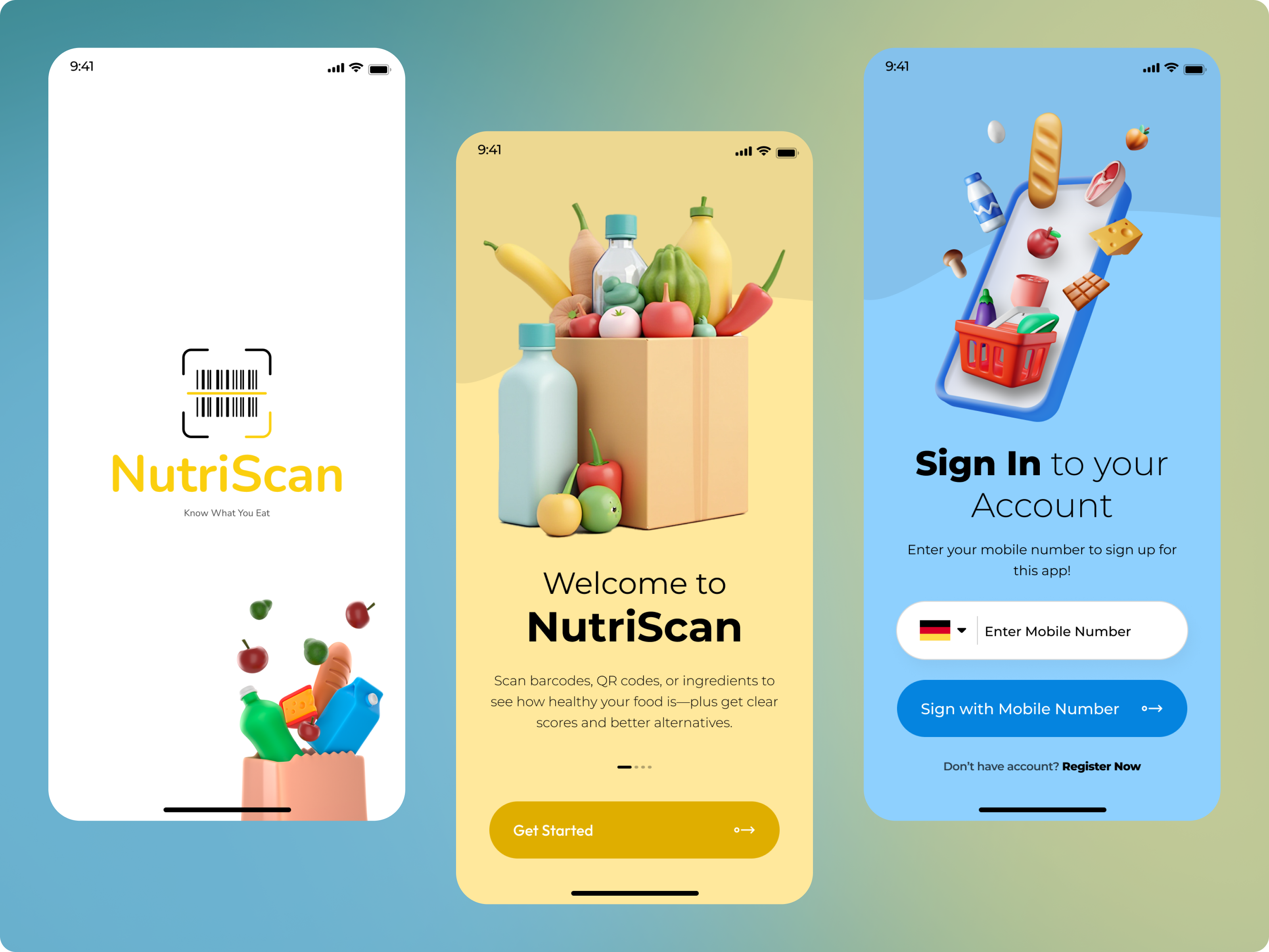 NutriScan - Food Scan App app app design food scan food scan app healthy food login login design modern colors modern design modern theme onboarding scan app scan app design scan app ui thisuix trending design welcome screen design