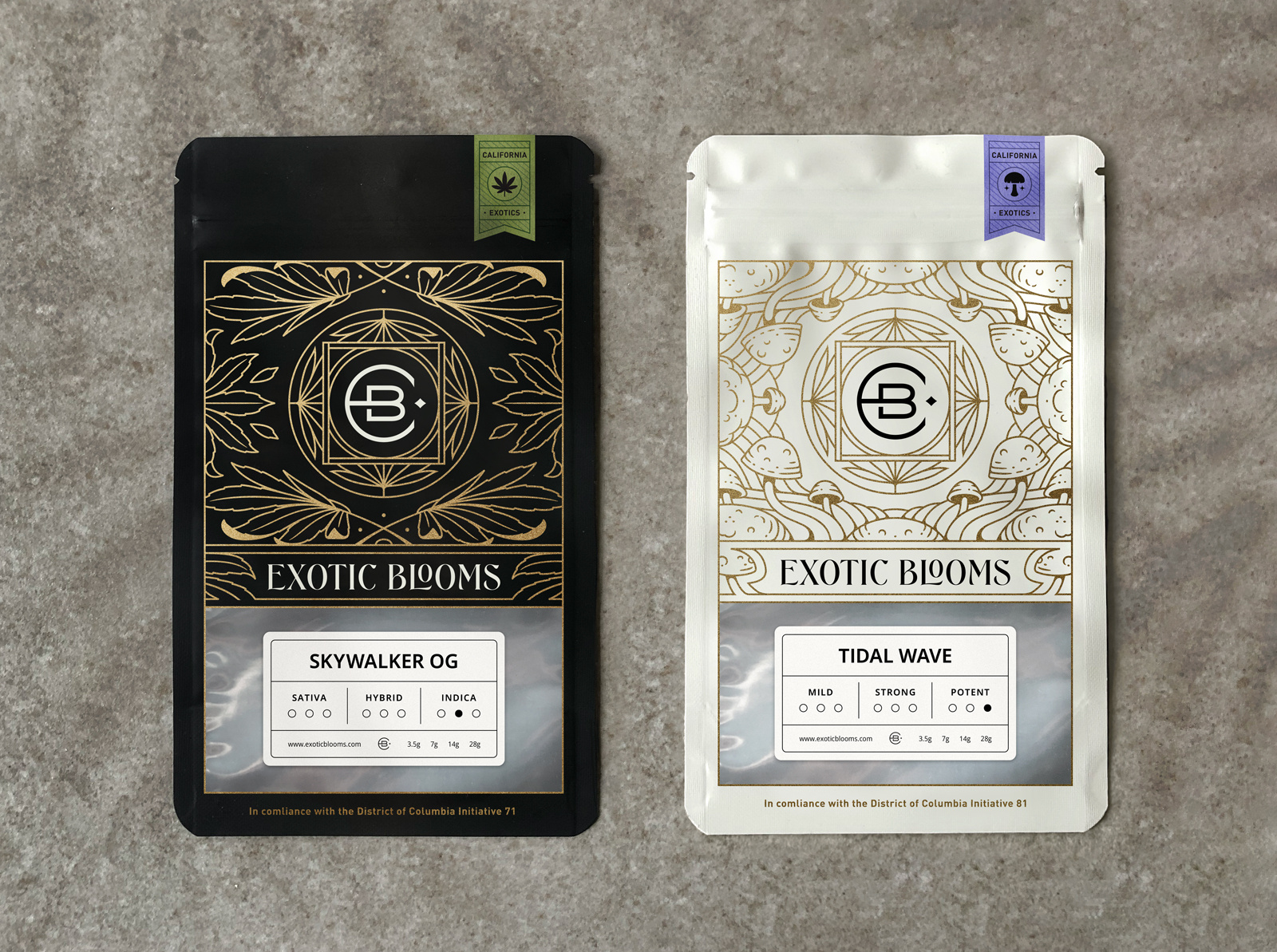 Exotic Blooms Packaging brand identity branding cannabis cannabis branding graphic design illustration linework logo marijuana brand monoline mushrooms mylar bag packaging packaging design weed weed packaging