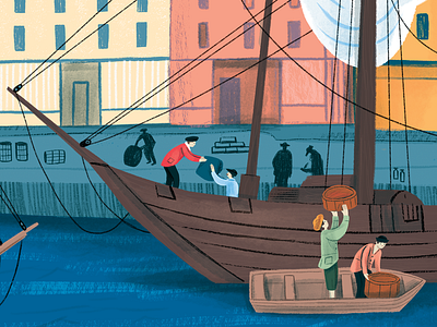 Loading and Unloading art artwork boat book drawing editorial illustration kidlit painting people picturebook texture