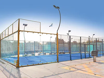 Tennis padel court construction cage yellow grass turf day corona virus