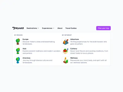 Destinations Dropdown 🌍 button design dropdown header menu minimal saas ui web design
