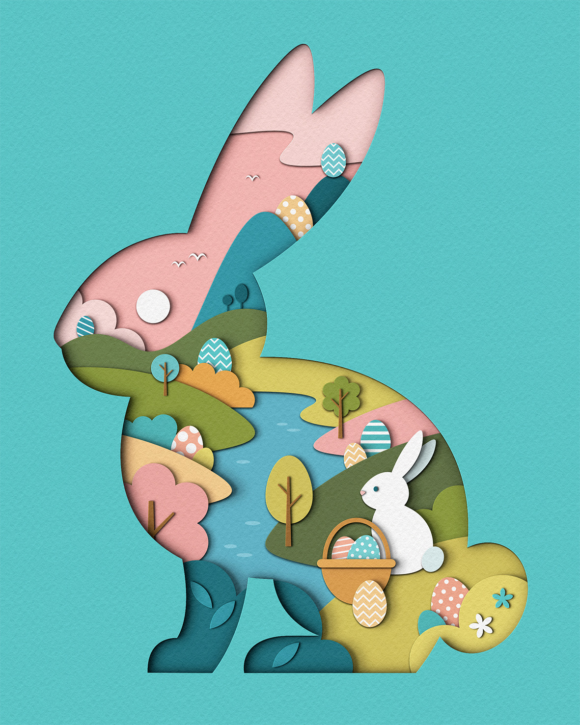 Easter Bunny bunny celebration design easter easter bunny easter eggs egg hunt holidays illustration landscape paper craft seasonal silhouette spring