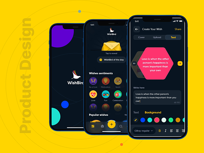WishBird - Custom Greetings App colorful custom wishes design dark mode empathy map greeting app minimal mobile app ui product design social stickers uaxe labs uiux wireframes wishes app yellow