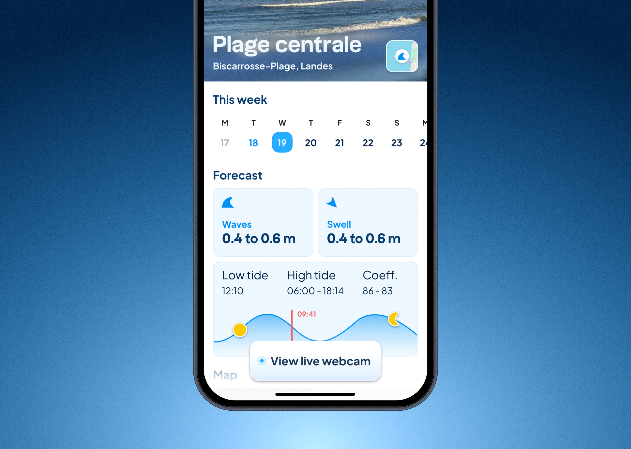 Swell - Home page & Spot view app biscarrosse blue graphic design home mobile surf surfing ui