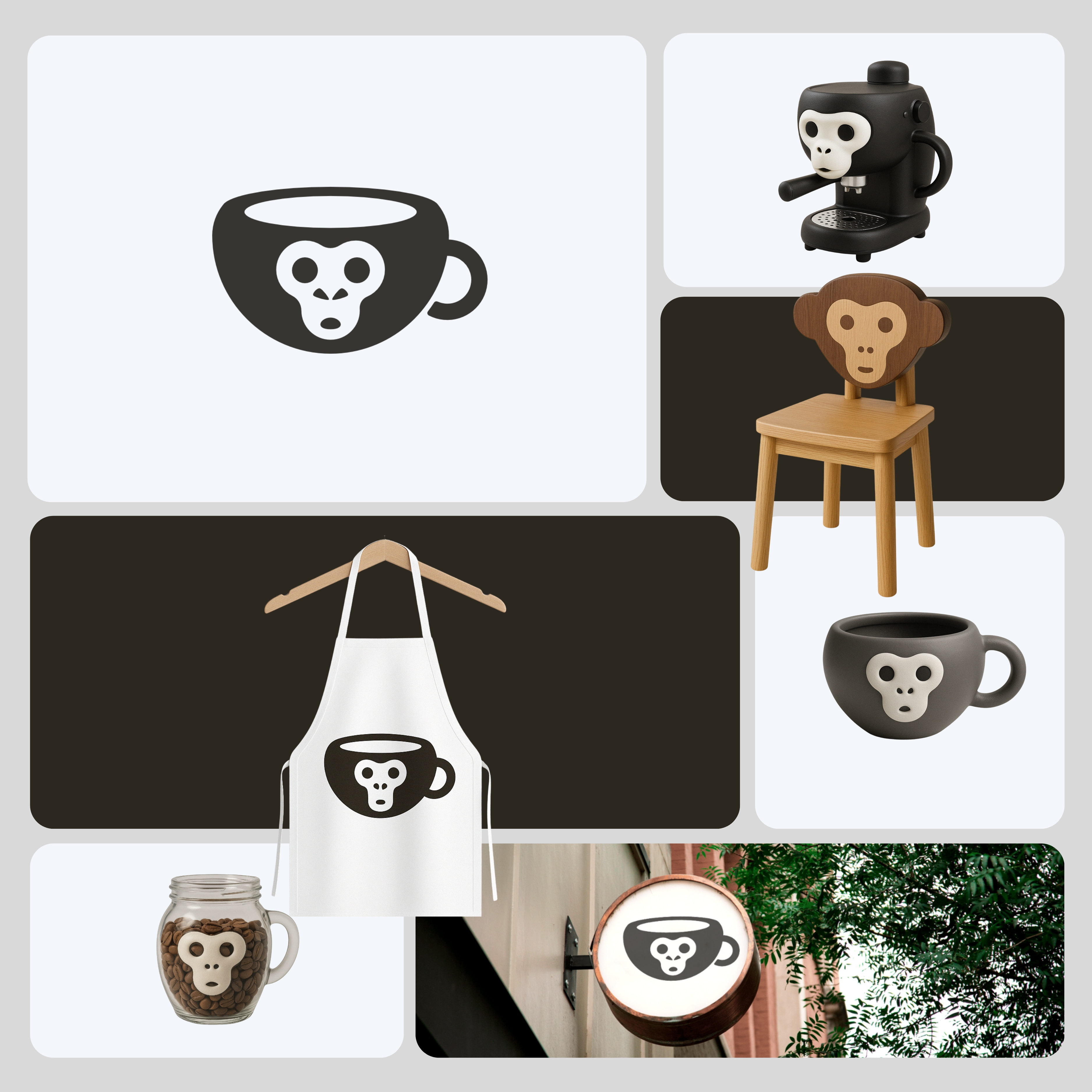 Monkey Cafe Brand Identity Design animal brand identity branding cafe coffee custom logo dynamic flat handcrafted logo handdrawn logo illustration logo logo design minimal modern monkey monkey logo product design shop symbolic