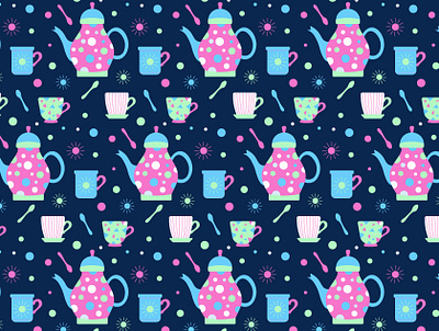 Tea Time cups design digital art digital arts digital illustration graphic design illustration pattern pattern design seamless pattern surface design tea tea time