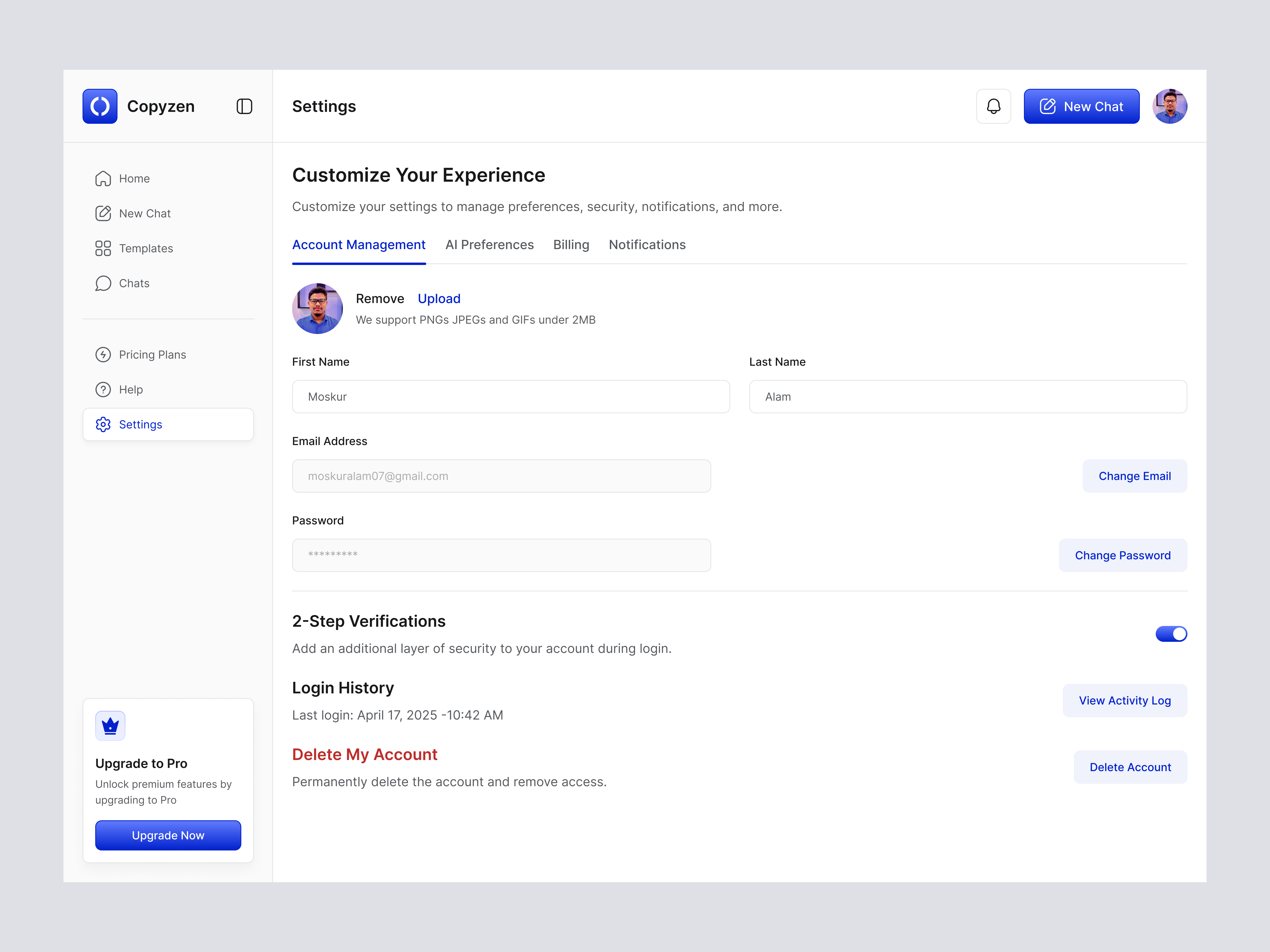AI Copywriting Tool Settings Page ai copywriting ai tool ai writing tool chat ai chat gpt dashboard design product design saas setting ui settings page settings screen software ui ui design uiux web design web ui