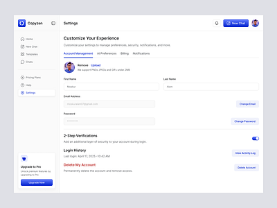 AI Copywriting Tool Settings Page ai copywriting ai tool ai writing tool chat ai chat gpt dashboard design product design saas setting ui settings page settings screen software ui ui design uiux web design web ui