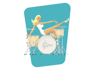 On drums… blonde blue cartoon cymbals design drumkit drumsticks hi hat illustration pin up retro snare vector vintage white