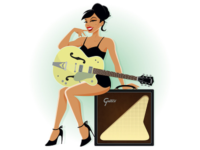 On Guitar… amplifier cartoon glamor gretsch guitar illustration lipstick pin up pose retro rockabilly vector vintage