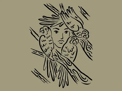 Jungle Spirit with Parrots Illustration artistic parrots boho decor bold strokes earthy palette ethnic art forest harmony graphic lines hand sketch human nature ink artwork jungle illustration modern folklore mystical jungle nature spirit parrot drawing tribal style tropical vibe wild birds wildlife motif woman face