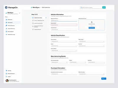 Vehicle Onboarding Form UI – MotoSync Fleet App adminpanel dailyui fleetmanagement fleetui inputdesign modernform multistepform onboardingui ravidelixan registrationui transportui uxform vehicleform vehicleregister