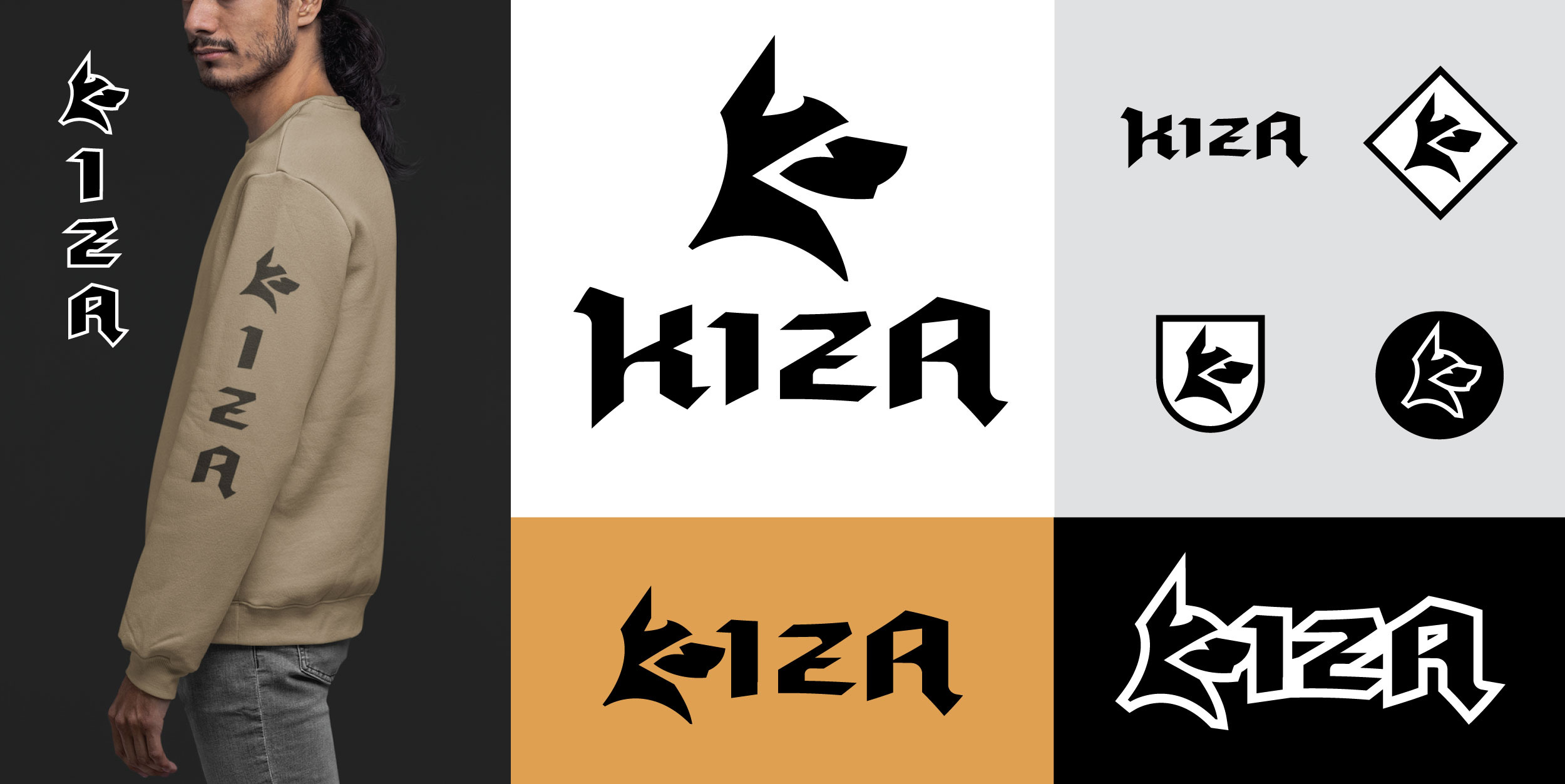 K I Z A - BRAND BOOK black branding brandmark clothing custom font doberman dog gothic guard identity identity design illustration lettering logo logo design logos monogram protect typography urban
