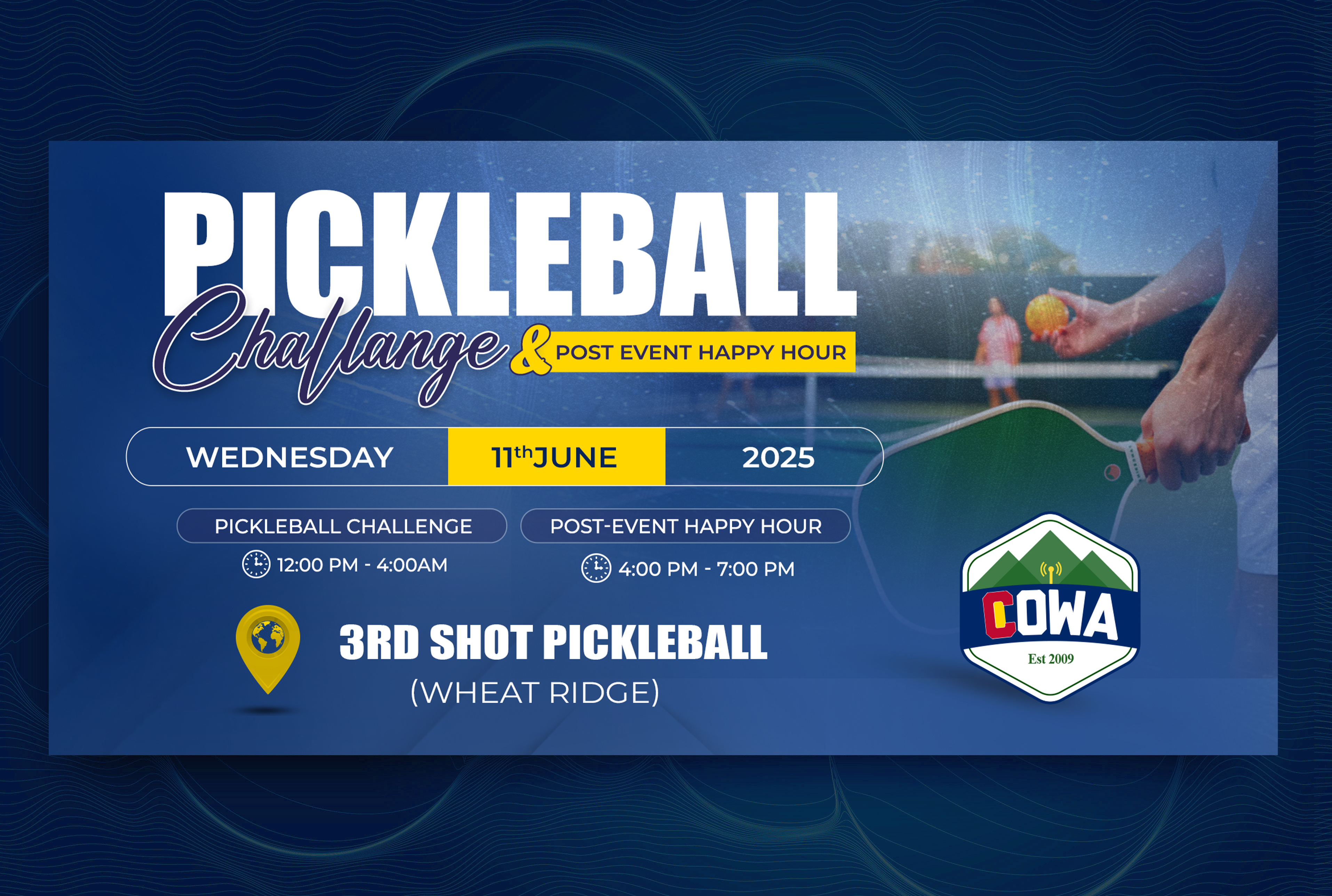 "Energetic Pickleball Event Banner Design | Sports + Happy Hour bannerdesign canvadesign dribbbleshot eventbanner eventbrite eventpromotion flyerdesign freelancegraphicdesigner graphicdesign happyhourevent marketingdesign pickleball sportsdesign