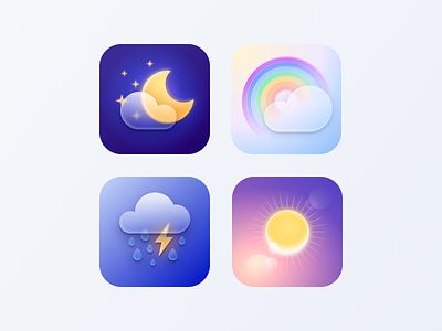 Weather App Icons app icon branding cloud figma glass glassmorphism graphic design ios mobile application modern moon rainbow stars sun transparent ui user interface ux weather weather forecast