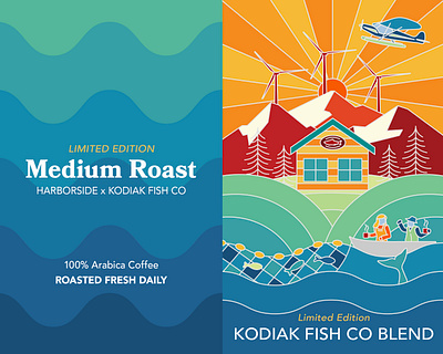 Kodiak Fish Co x Harborside Coffee Label alaska branding clean coffee coffee label colorful fishing harborside illustration kodiak line art monoline mountains nature ocean outdoor packaging salmon sea