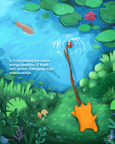 Fish in the lake artwork cartoon cat concept art cute digital art illustration