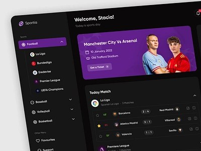 Sportia - Sport Soccer Dashboard app design basketball bet clean dashboard design flat football football app football dashboard football match live match simple soccer soccer dashboard sport sports ui volley