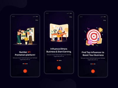 Onboarding Screens - Social Media Promotional App. app app design app landing page app onboarding app uiux design mobile app design mobile app onboarding onboarding screen onboarding ui promotional app ui ui designer uiux