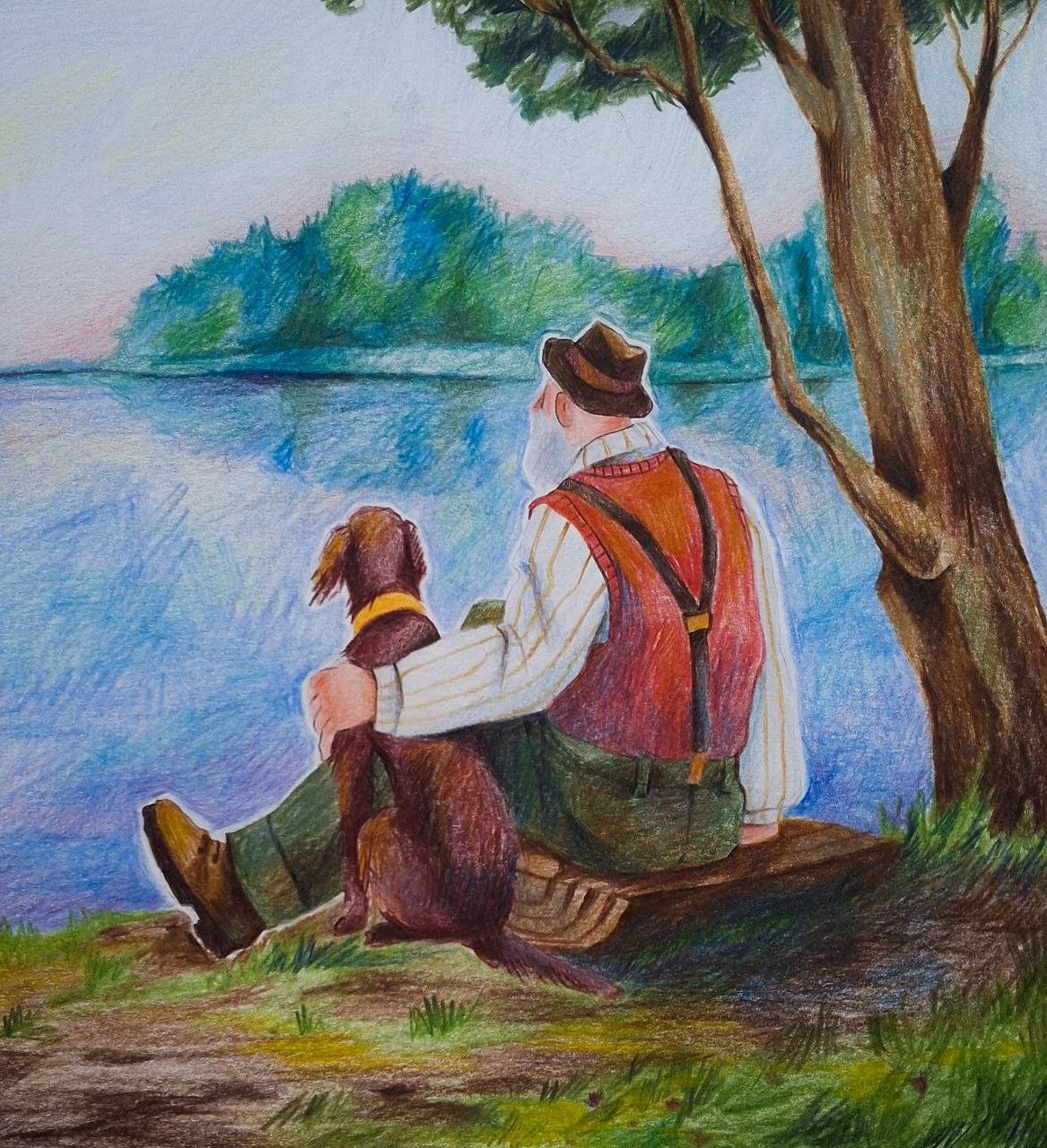 friendship beard beauty calm cartoon cozy dog forest friends friendship illustration nature old old man pencil pet river sketch sketchbook vintage