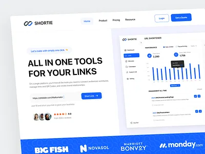 Shortie - URL Shortener Hero Section analytic biolink chart component custom link dashboard engagement generator hero hero section landing page link link generator performance product qr code saas shortener url url shortener