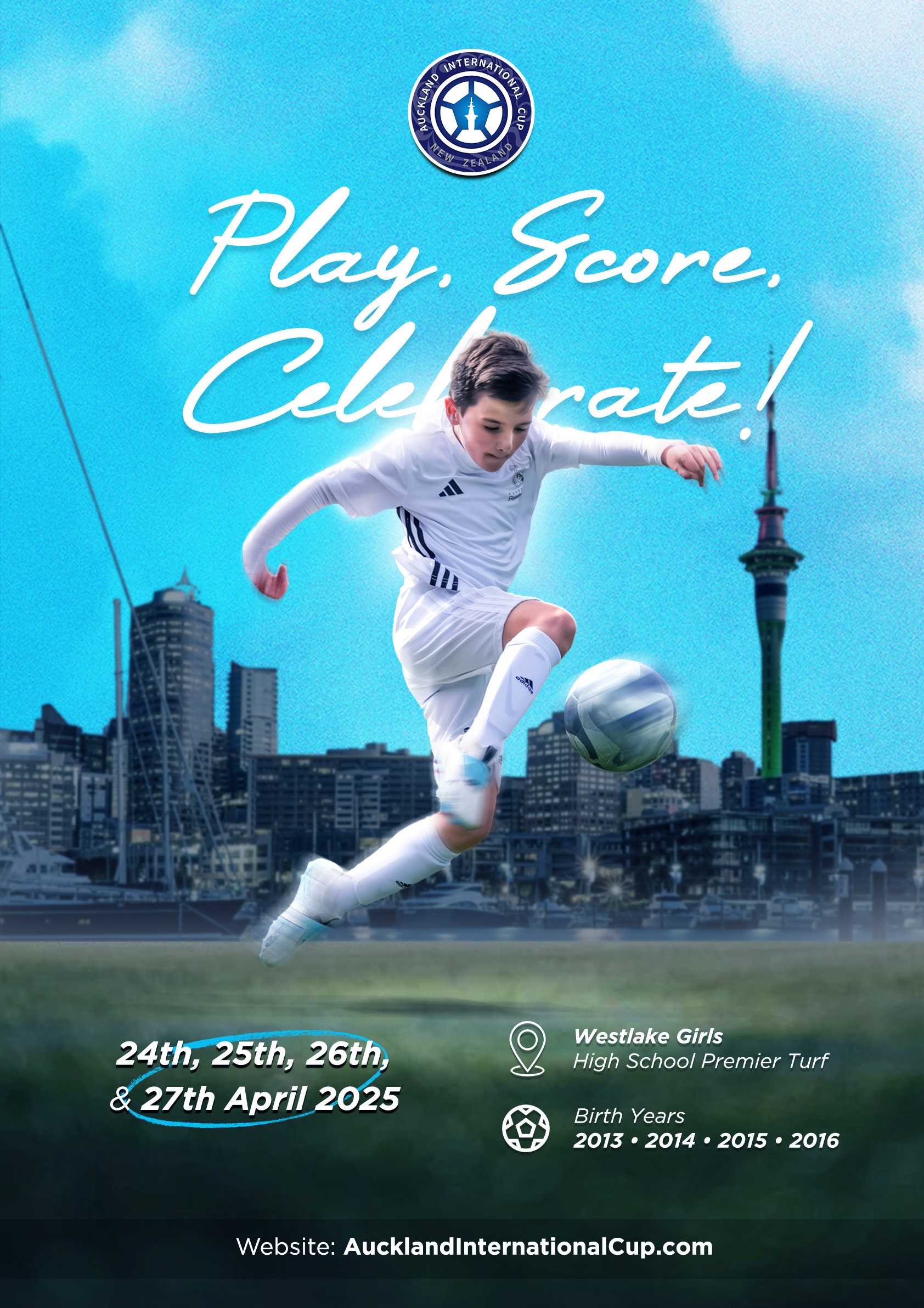 Sport Event: 2025 Auckland International Cup! branding design event flyer football design football poster graphic design instagram post manipulation poster social media sport sport design