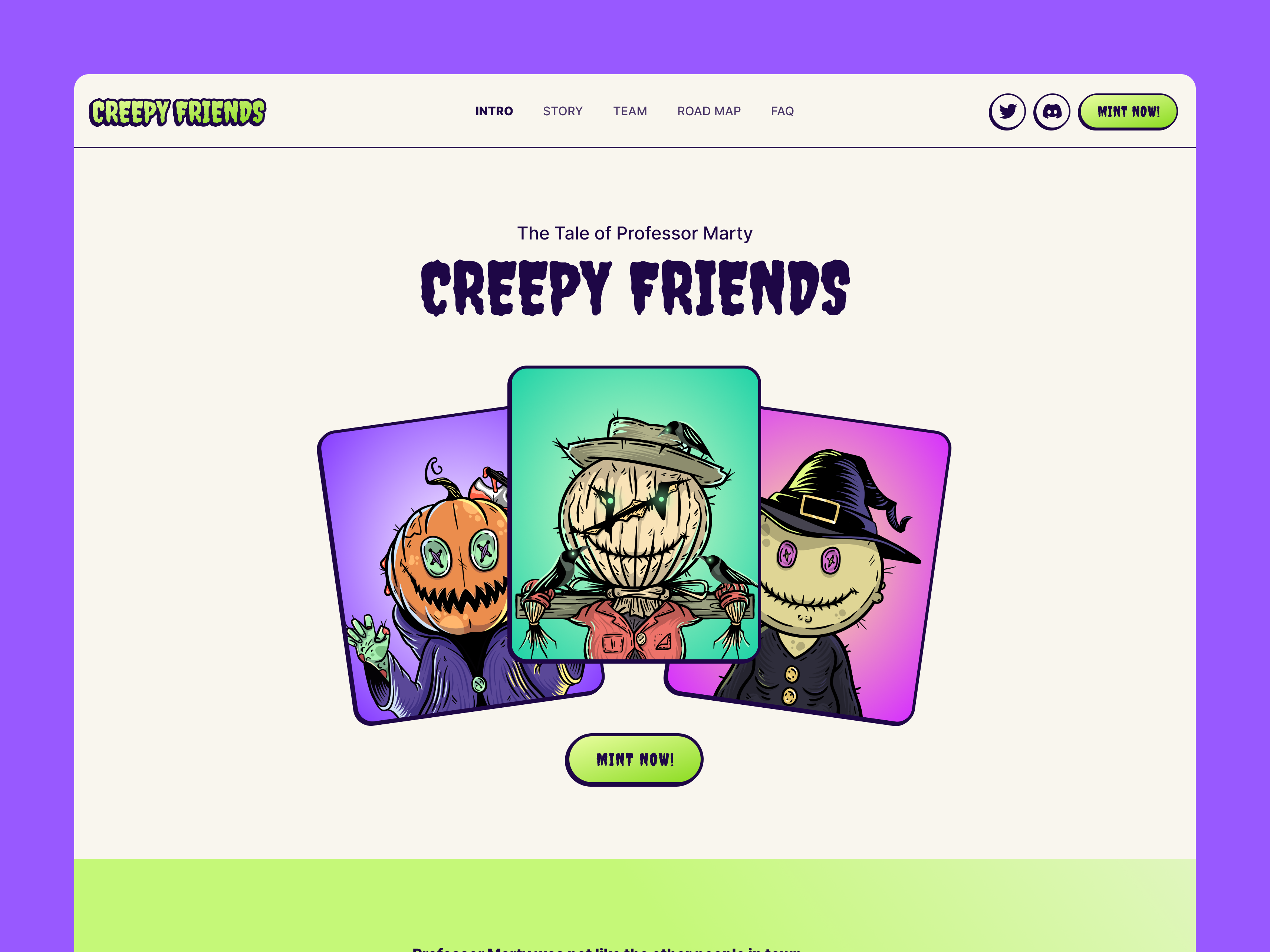 Creepy Friends illustration landing page nft one pager ui ux website