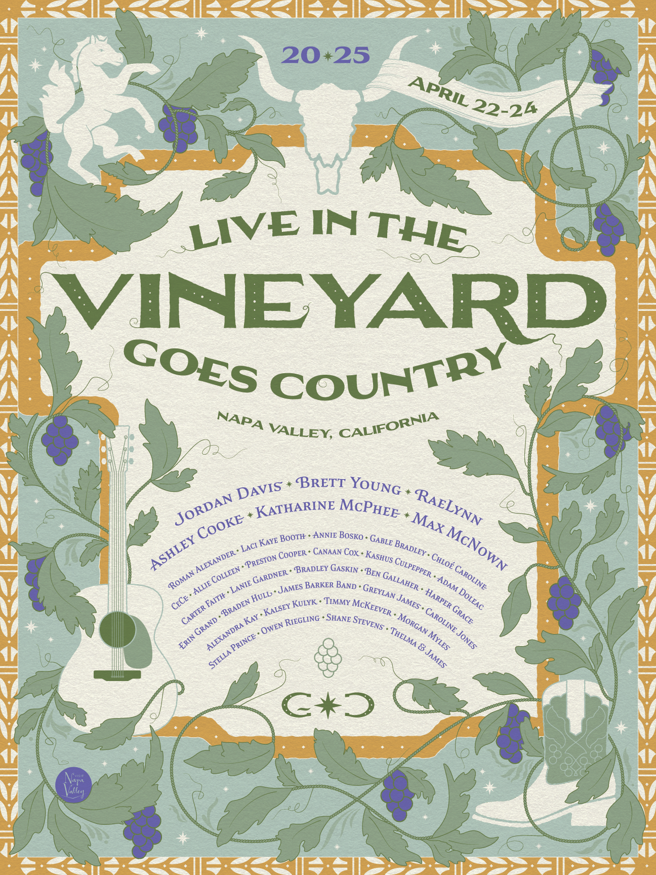 2025 Gig Poster for LITVGC arts and crafts arts and crafts movement country country music gig poster grapes illustration marigold may morris music festival napa napa valley poster sage symbolism william morris wine