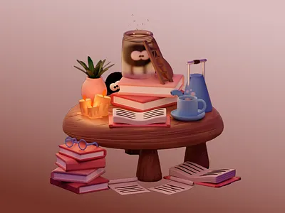 Whimsical Learning Still Life 3d 3d art 3d design 3d model 3d rendering 3d visual books colorful cozy study creative digital art graphic design illustration micro living miniature plant reading soft colors still life whimsical design