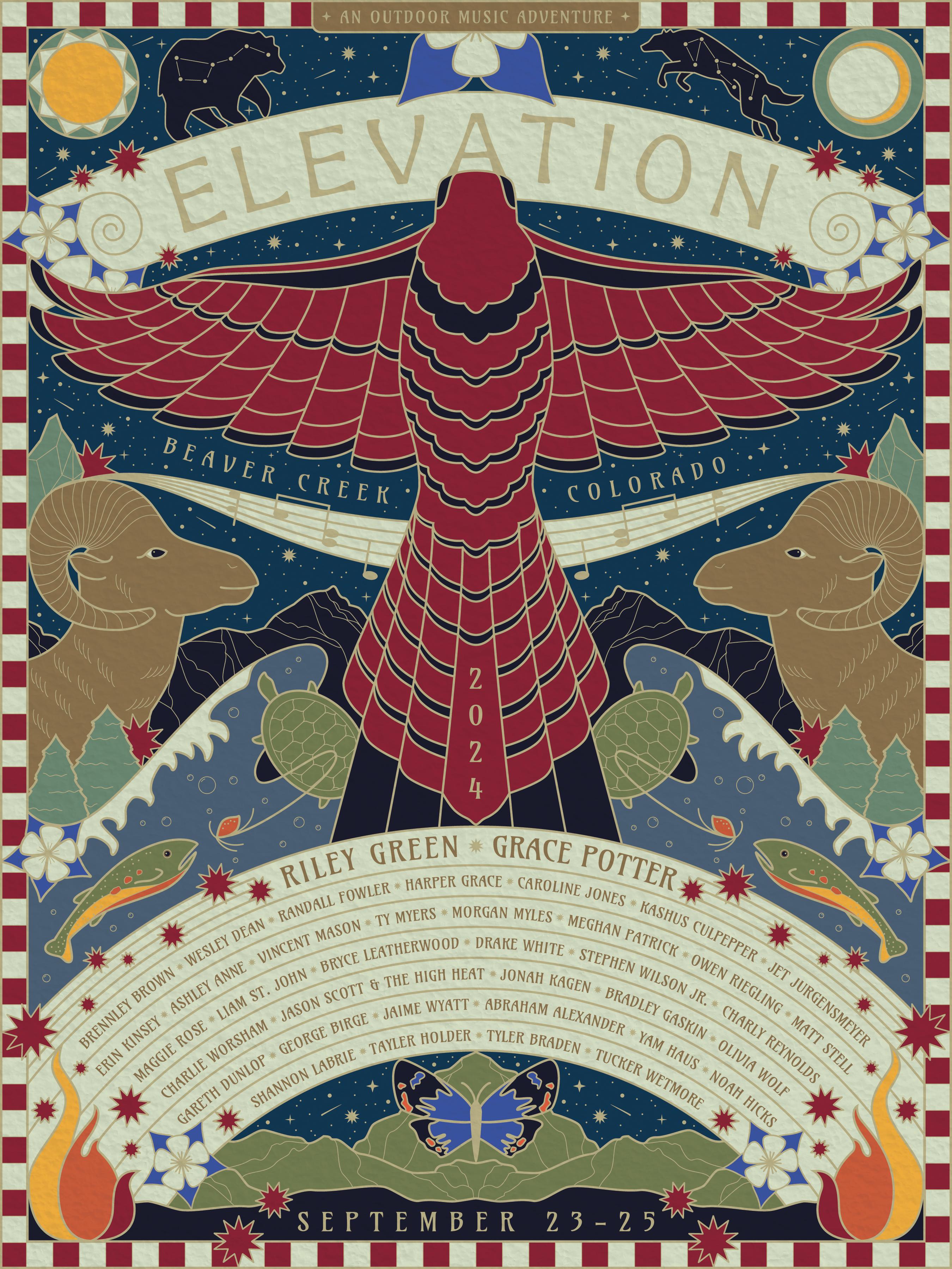 2024 Elevation Gig Poster addy art nouveau colorado constellation cosmic culinary elevation gold illustration immersive music festival nature red stained glass stars symbolism texture wildlife wine