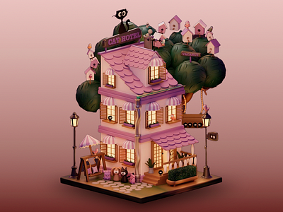 Cozy Cat Chateau- 3D Design 3d 3d art 3d art work 3d design 3d illustration 3d visual art design beautiful design beautiful house beauty cartoonish colorful creative digital art gradient gradient background graphic design miniature pink trees