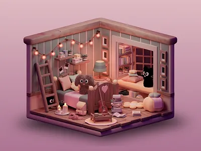 Cozy Bedroom 3D Design 3d 3d art 3d decor art 3d design 3d isometric 3d model bedroom bedroom design comfortable cozy bedroom digital art graphic design home interior lights micro micro living soft soft colors string lights