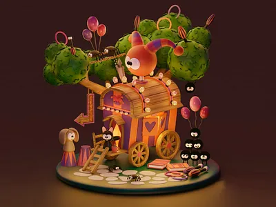 The Whimsical Circus Wagon 3d 3d abstract work 3d art work 3d design 3d visual carnival cartoon animals cheerful design digital art fantasy circus graphic design lights night night scene playful trees wagon wooden wagon