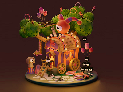 The Whimsical Circus Wagon 3d 3d abstract work 3d art work 3d design 3d visual carnival cartoon animals cheerful design digital art fantasy circus graphic design lights night night scene playful trees wagon wooden wagon