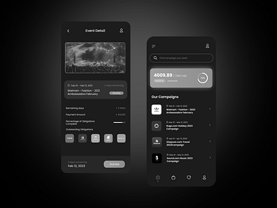 Crowdfunding - Design Concept app design black and white branding chart clean crowdfunding daily 100 challenge daily ui dark event greyscale money product design raising ui ui ux