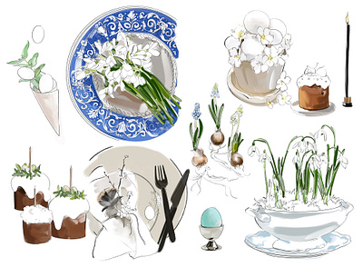 Easter sketch baking blue cake easter floral hand drawing illustration sketch tadle setting