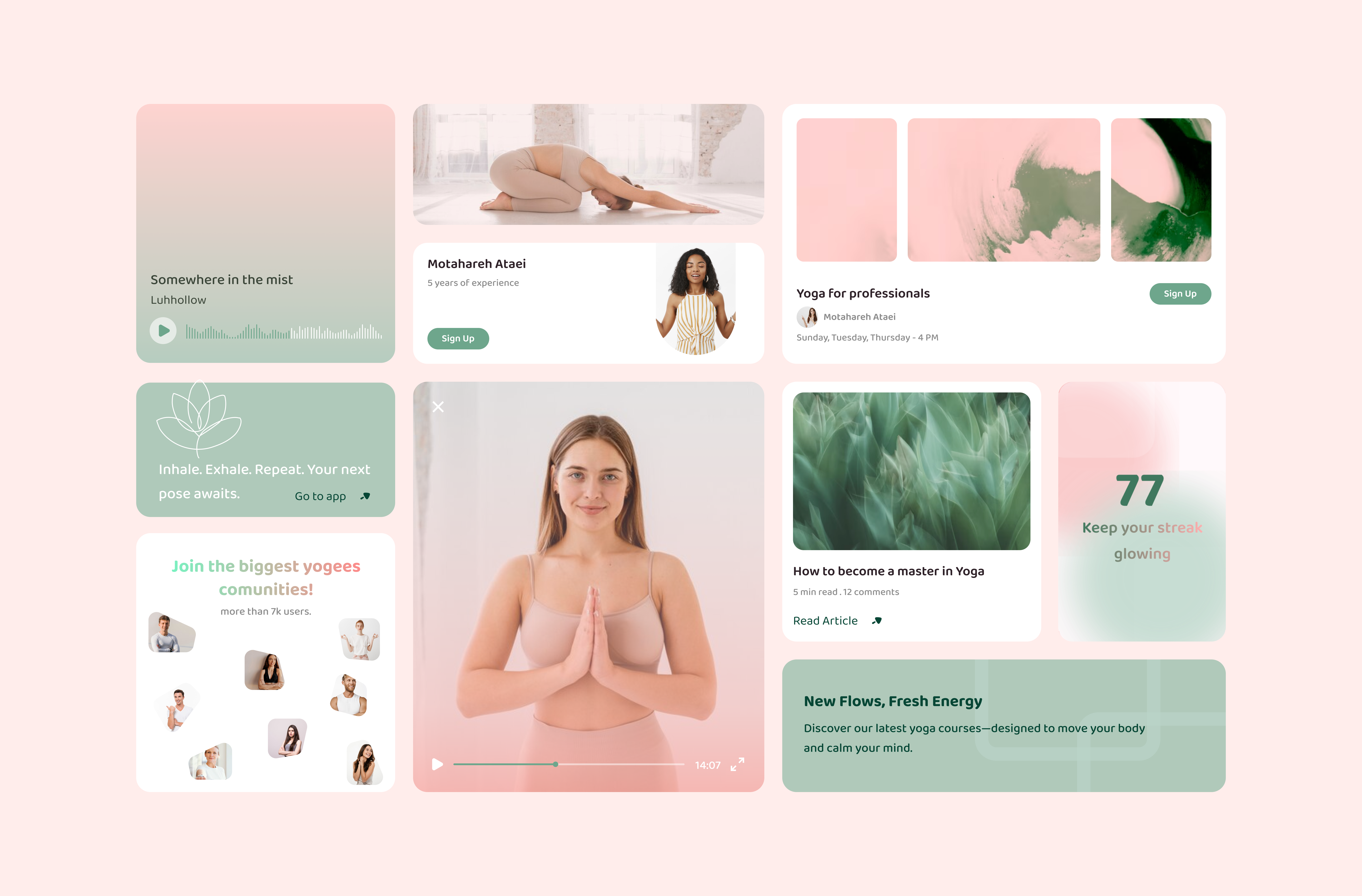 UI components for the yoga app app branding calm cards components green lottie meditation motion graphics pastel color pink ui yoga