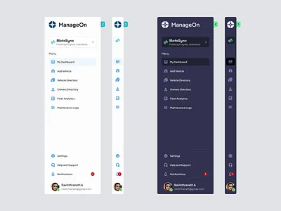 MotoSync Fleet App Sidebar UI (Light & Dark Modes) behanceui dailyui darkmode dashboardui fleetdashboard fleetmanagement fleetui lightmode productdesign ravidelixan responsivesidebar saasdesign sidebardesign uiux webappui