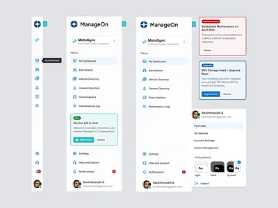 ManageOn – Sidebar, Announcements & Profile Panel UI announcementsui appearanceui cleanui dailyui darkmodetoggle dashboardui fleetmanagement minimaldesign productdesign profilecard ravidelixan saasdesign settingspanel sidebardesign userpanel uxdesign webappui
