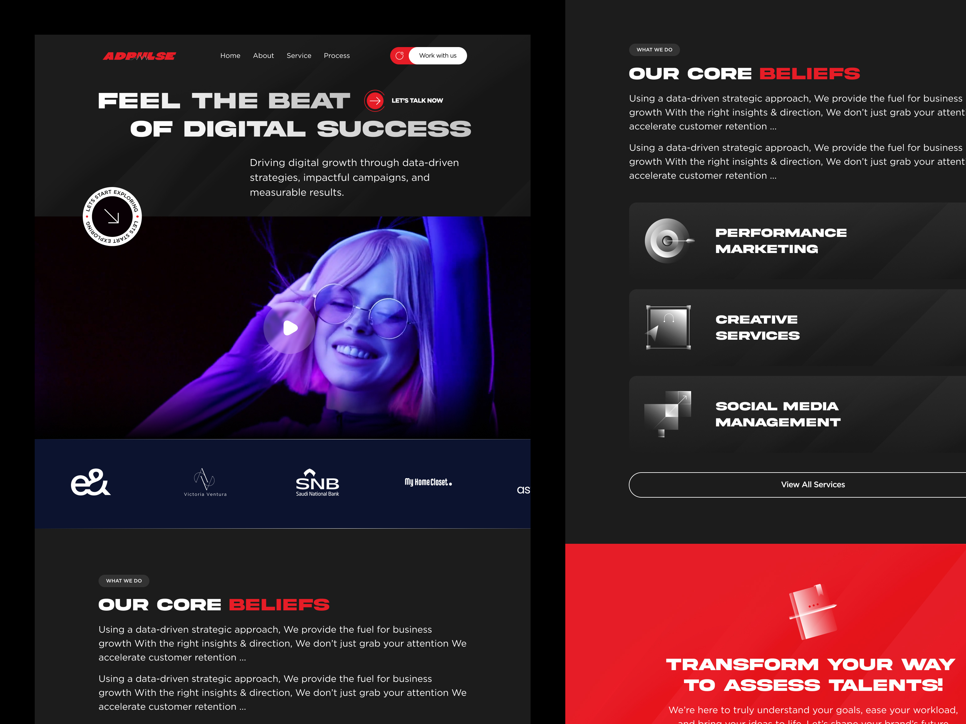 Website for a Digital Marketing Company ✦ Adpulse 2025 trend agency branding custom icon dark landing page design agency designer landing page digital marketing gredient icons icon set illustration landing page marketing agency red and black landing page ui unique icons unique landing page