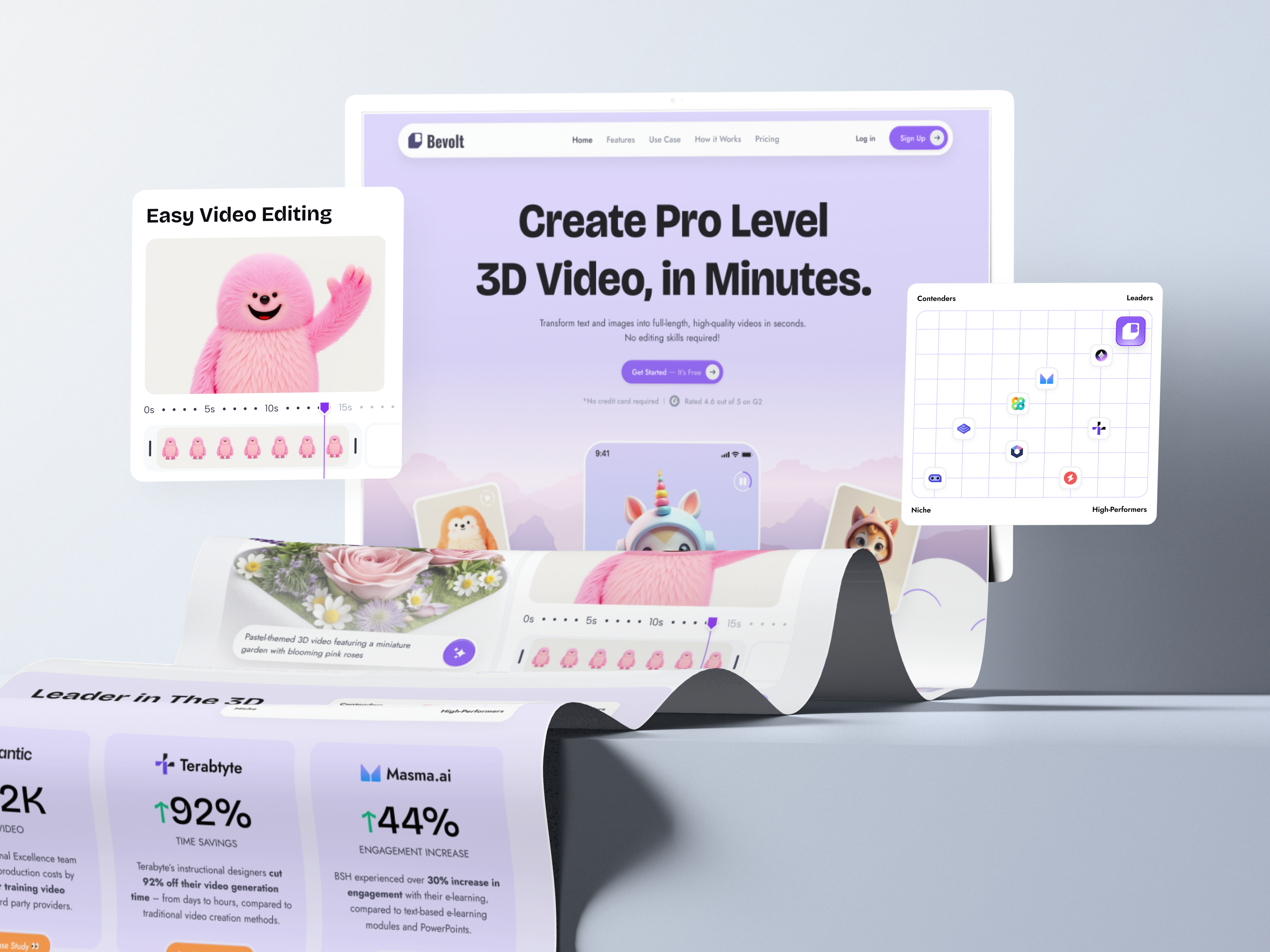 Bevolt - 3D Video Generator Landing Page 3d character ai ai generator app ai tools ai video generator chatbot generator image generator image to video krea ai machine learning mobile apps saas sora text to video video video creation video editing tool video editor video enhancement