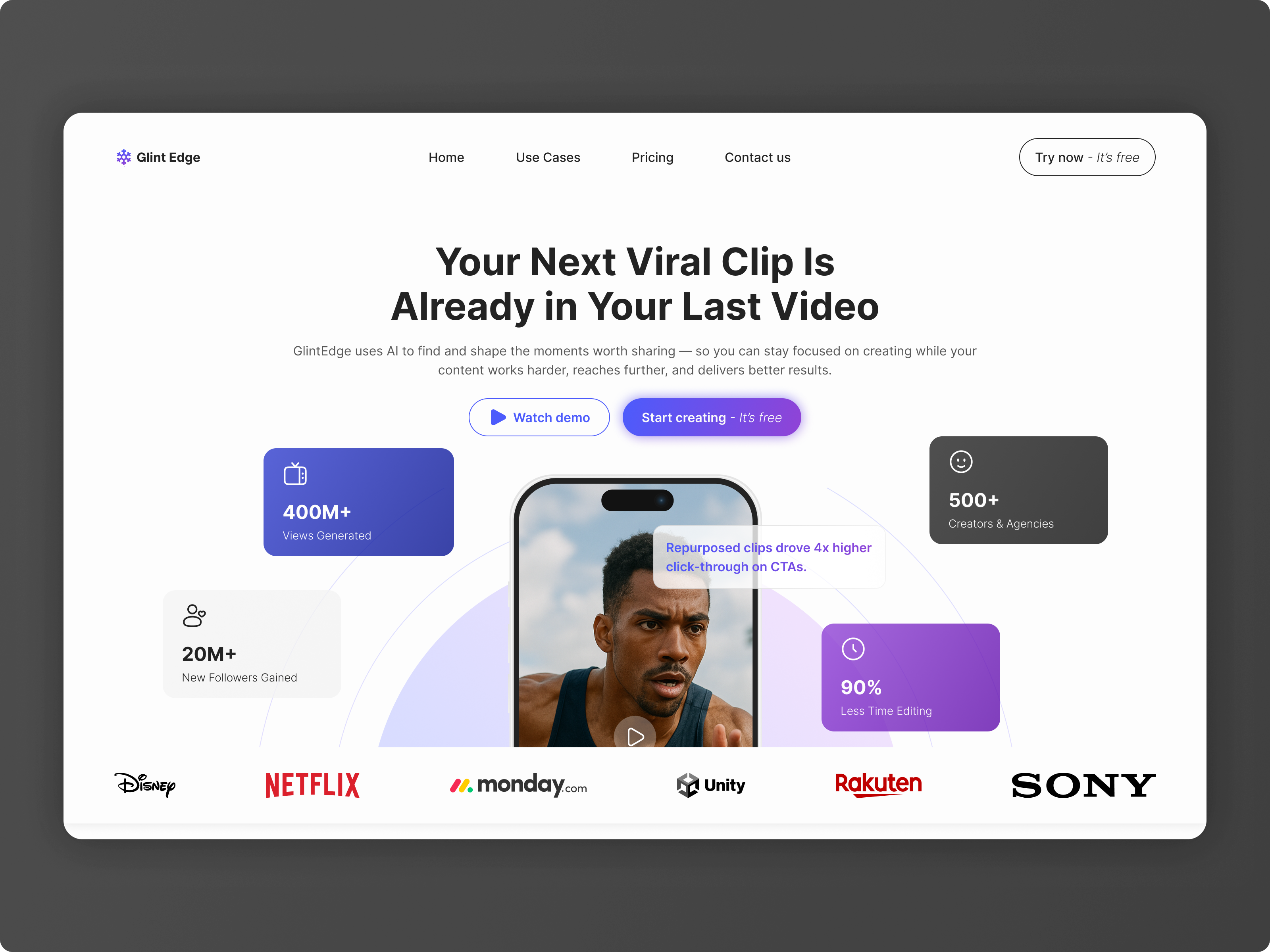 Glint Edge – AI-Powered Video Summarizer Website Concept app best dribble shot best ui branding clean design dribble best shot finance fintech gradient illustration minimal pricing ui ui design ux ux design video website website design