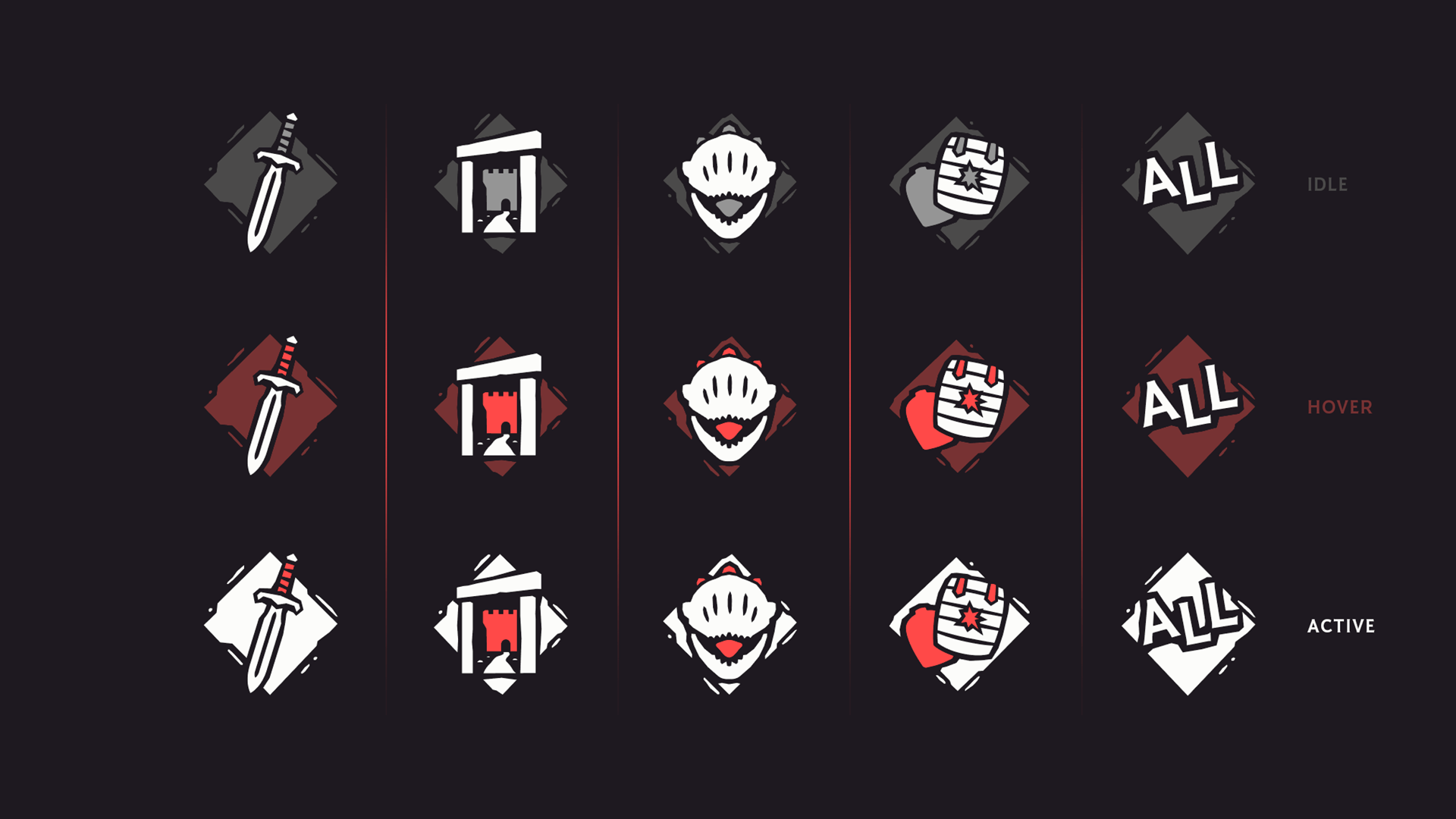 Guardian of Realms Menu icons adventure castle categories fantasy games grit icons interface medieval menu middle age minimal mixed reality monster ominous set states sword ui vr game