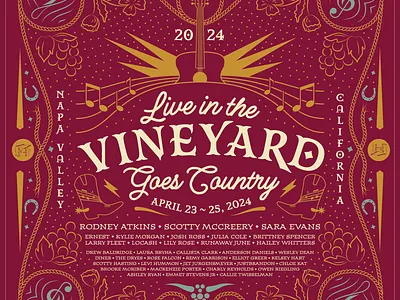 2024 Gig Poster for LITVGC americana bandana burgundy cali california country music festival grapevine guitar handkerchief illustration music festival napa napa valley pattern rope symbolism vineyard wine wine festival
