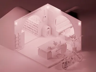 Office Interior- Pink 3D Model 3d 3d design 3d interior 3d render 3d rendering 3d model box bycycle creative futuristic design interior design office desk office interior pink pink office shelves soft colors soft pink