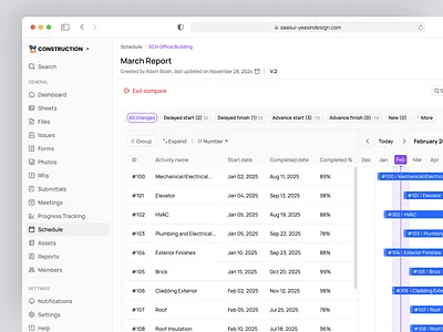 Schedule - Construction Management SaaS Project UX/UI calendar saas web app complex calendar ui complex saas web app construction management construction ui gantt view ui list view ui minimal ui report saas saas product ui sidebar ui ux