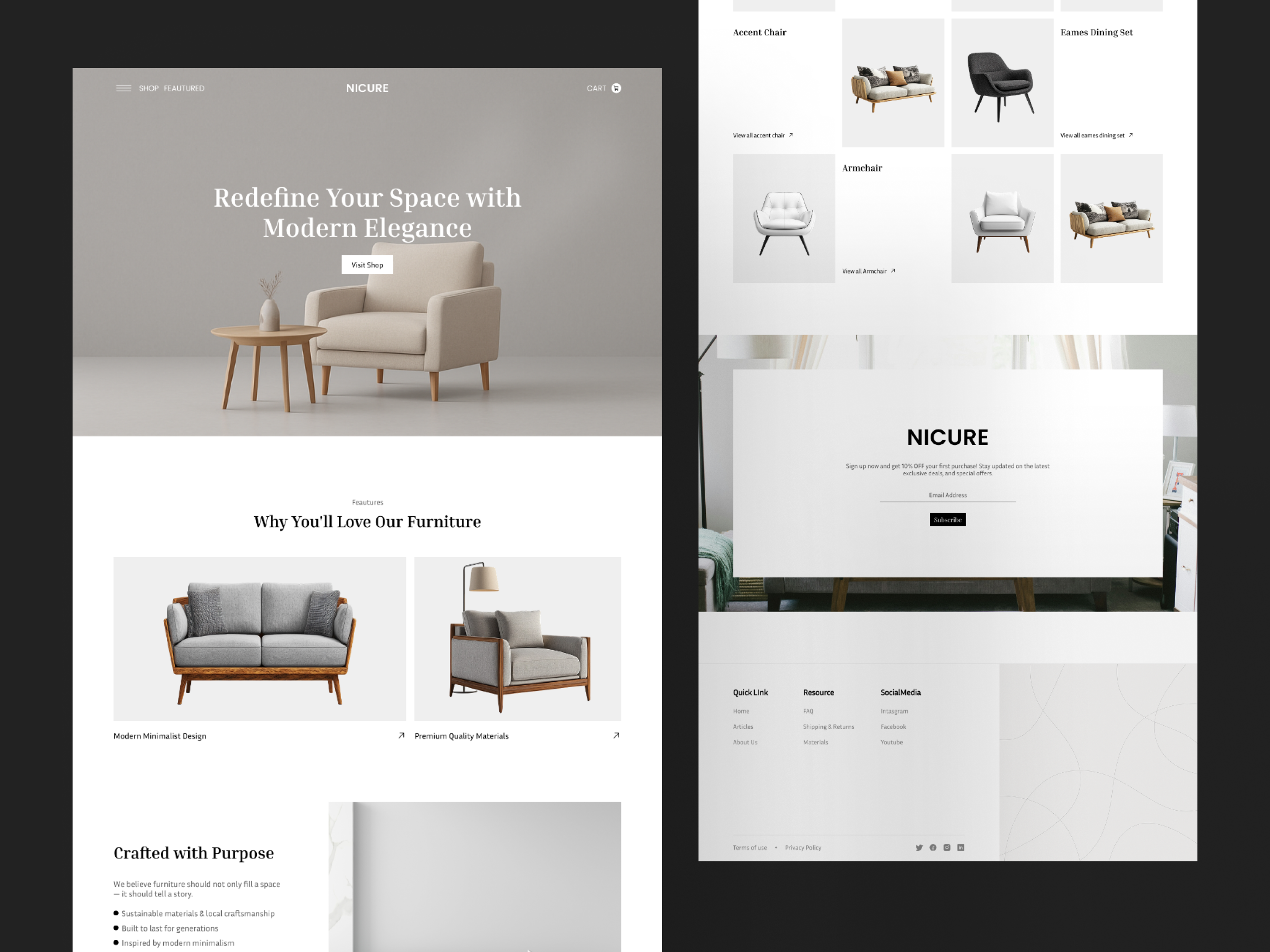 Nicure - Furniture Website branding clean cool dashboard design furniture furniturelanding page illustration landingpage logo ui uiux ux