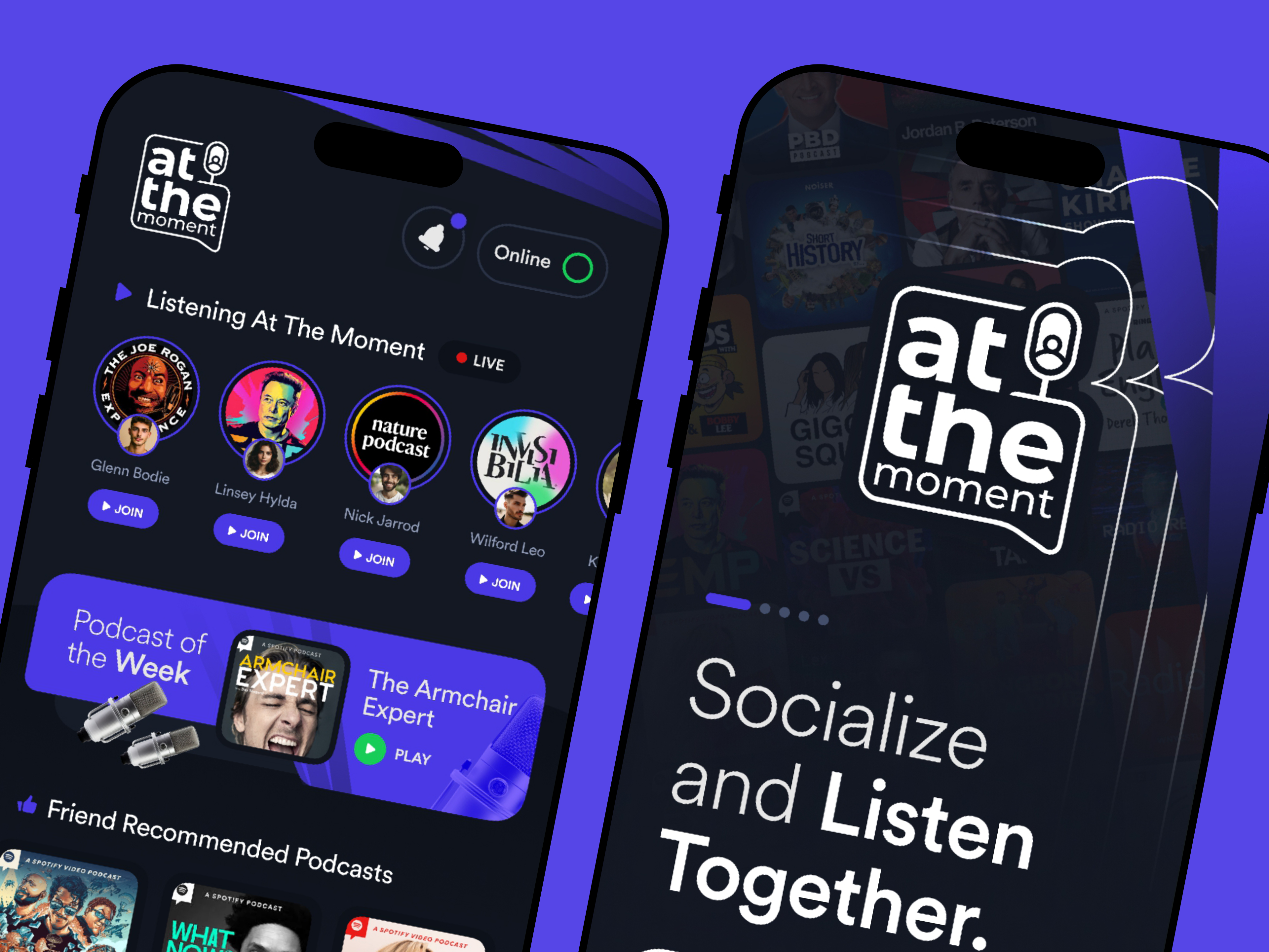 "At The Moment" - A Socially Engaging Podcasting App. app app design call app design figma graphic design illustration ios app listening app live app podcast podcasting app social app social media app social platform ui uiux ux