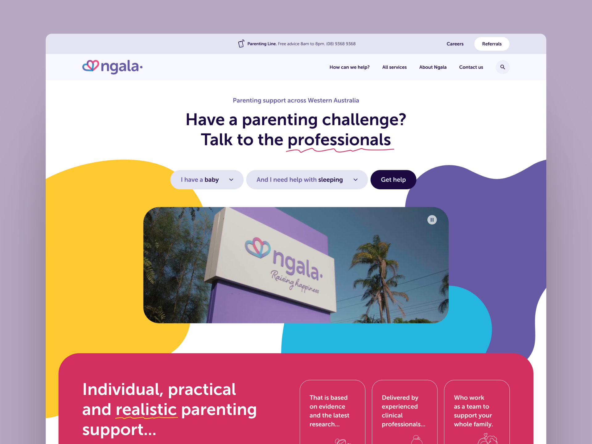 Family support services NFP website australia babies colorful kids landing page nfp not for profit parenting toddlers ui web design website western australia